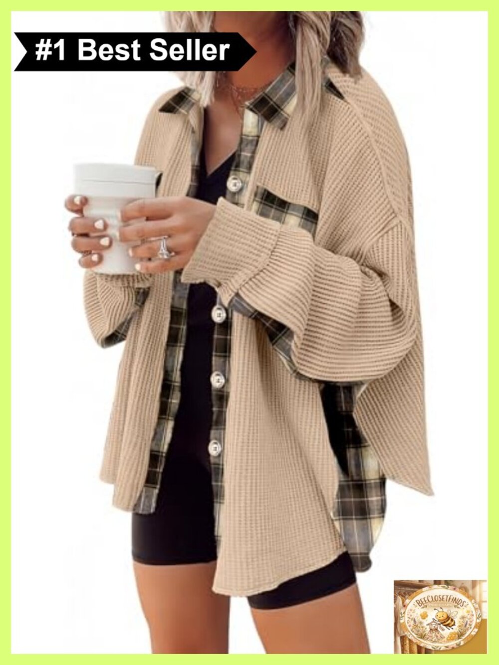 Waffle Knit Plaid Shacket Button Down Lightweight Jacket Long Sleeve